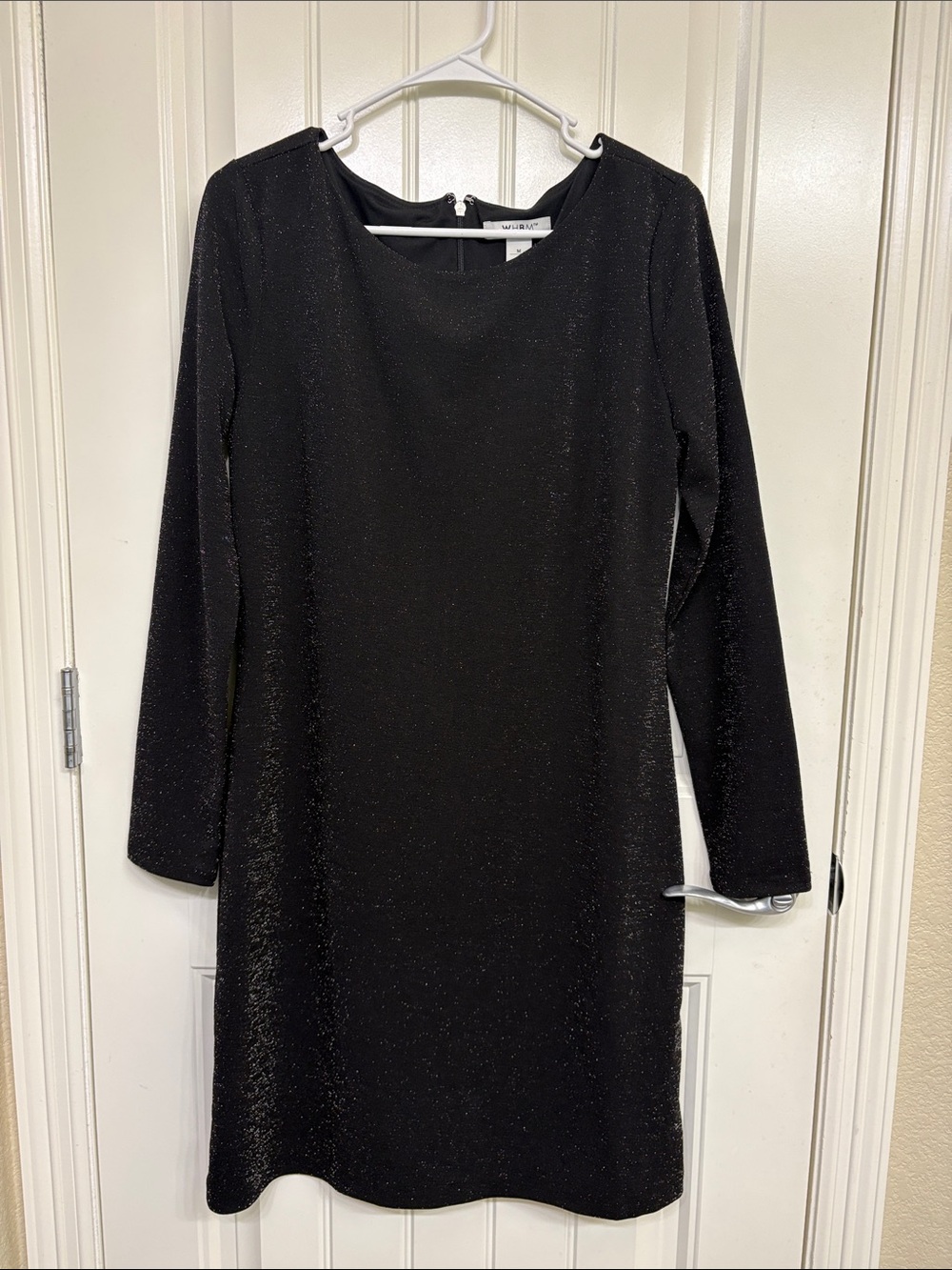 NWT White House Black Market Black Long-Sleeve Shift Dress with Subtle Sparkle